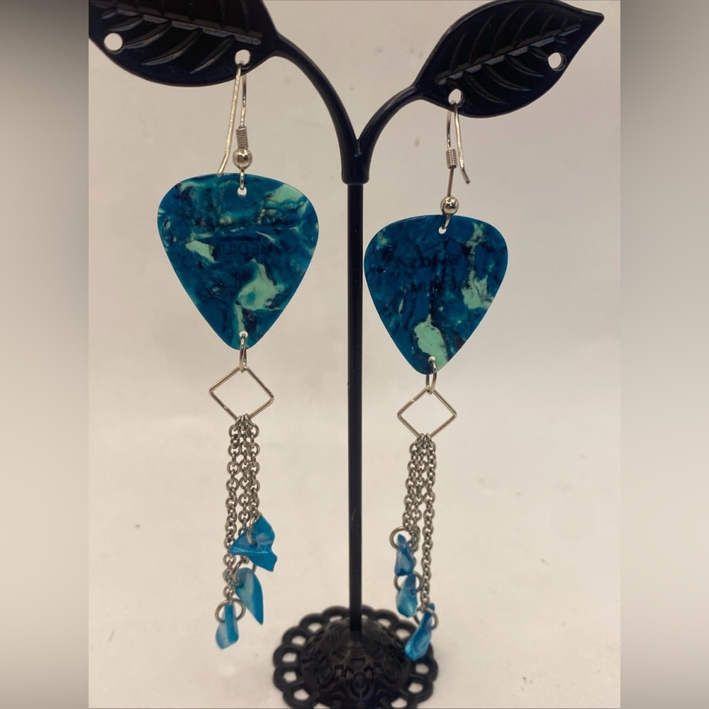 Fender Guitar Pick Dangle Earrings, with Turquoise Stones 4” - Picture 3 of 4